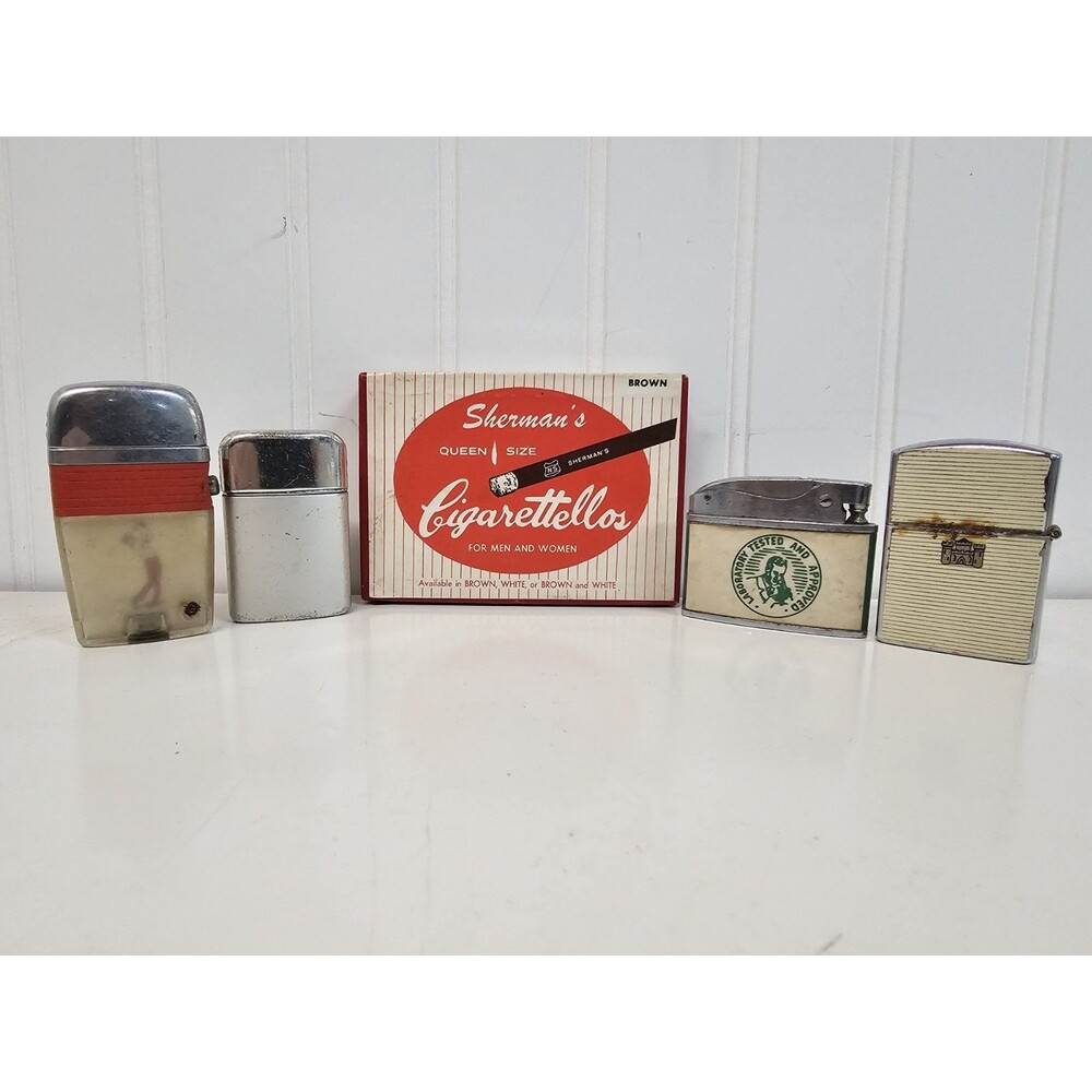 Cigarette Lighter Lot w/ Sherman's Cigarette Box Silver Red Beige